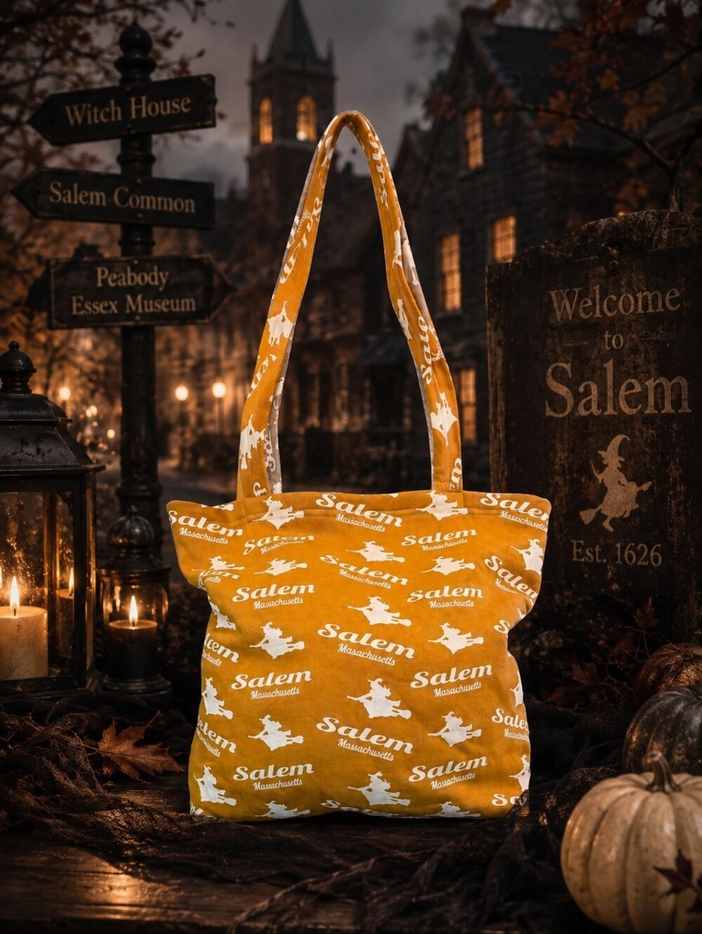 🕯Salem Massachusetts Witch Tote Bag Reversible Canvas Shopper Halloween Fall